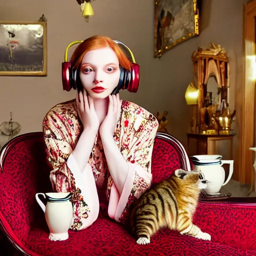 Image similar to a stunning hyper-detailed photo of a slender beautiful woman with straight long ginger hair and bangs, wearing a luxurious silk robe, wearing headphones and posing with her large ginger tabby cat and raccoon and parrots in a red overstuffed easy chair in her Victorian living room, holding a porcelain parrot-shaped coffee mug and a donut, perfect eyes, fashion photography, dramatic cinematic lighting, octane render, IBEX Masters, unreal engine, 85 mm lens, paisley wallpaper