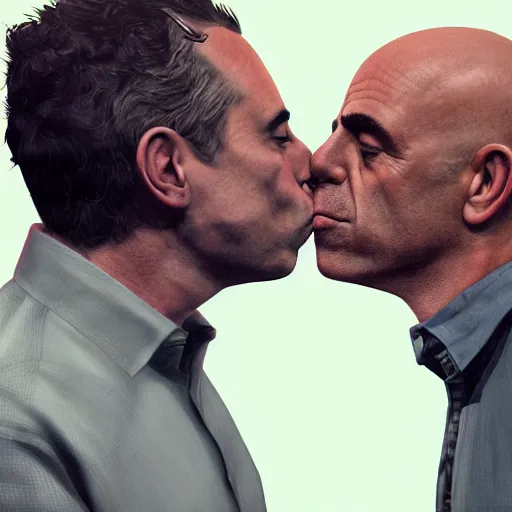 Image similar to Jordan Peterson and Joe Rogan kissing, photo, hyper-realistic, artstation, paparazzi, candid, photorealistic, 4k