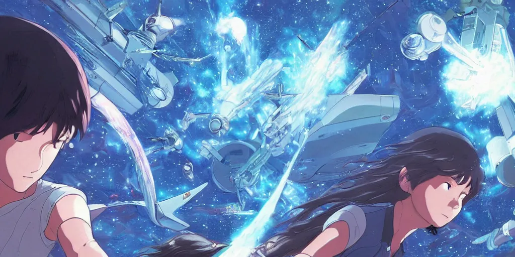 Image similar to intergalactic battle, art by makoto shinkai and alan bean, yukito kishiro