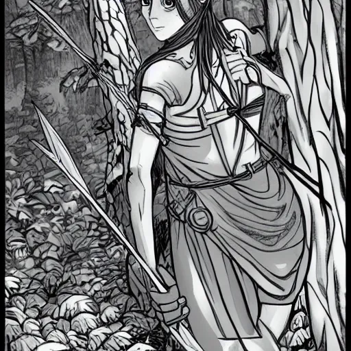 Image similar to female elven archer in forest, manga line art style