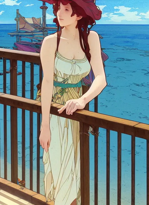 Image similar to pretty young woman leaning against the railing at the beach, path traced, highly detailed, high quality, digital painting, by studio ghibli and alphonse mucha, leesha hannigan, makoto shinkai, disney