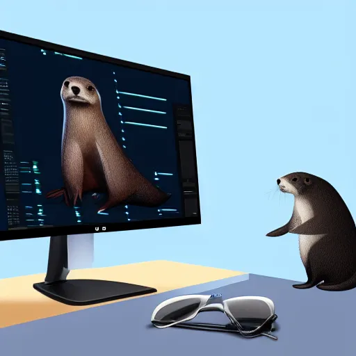 Prompt: side view of an anthropomorphic otter with glasses programming on a PC, realistic, detailed digital art, 4k