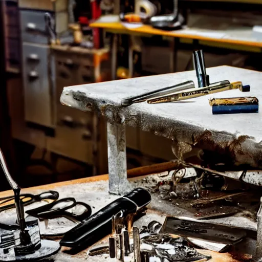 Image similar to A close-up shot of a metal table with laboratory tools and materials in an abandoned biopunk laboratory,