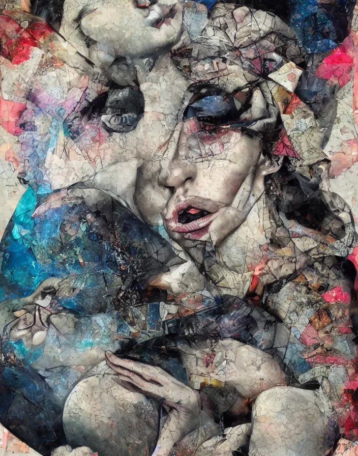 Prompt: languid celestial orgasm of sophisticated bodies detailed mixed media collage with canvas texture in style of contemporary art, punk art, dadaism, hyperrealistic beautiful face, photorealism, expressionism, masterpiece, perfect composition, spectacular quality, intricate oil details, half - closed eyes, shattered glass