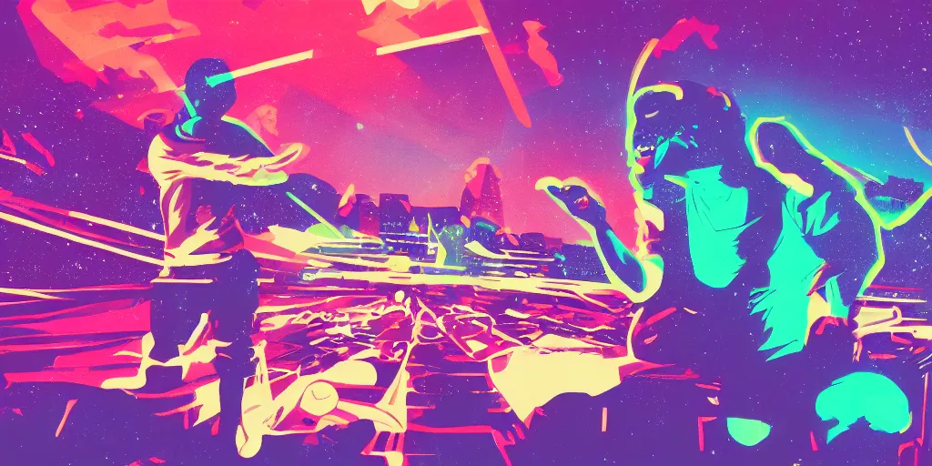 Image similar to rapping into microphone, silhouette, huge crowd, outrun, hip hop, digital art, Aurora borealis, trending on Artstation, professional artist, detailed, 4k