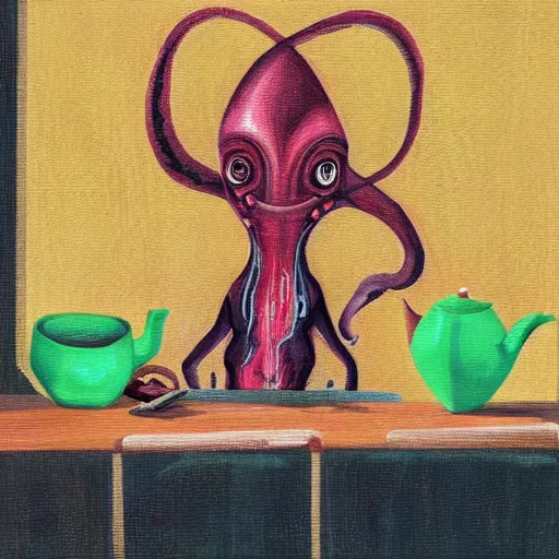 Prompt: “A squid-human hybrid having tea in a decrepit cottage. Acrylic on canvas”