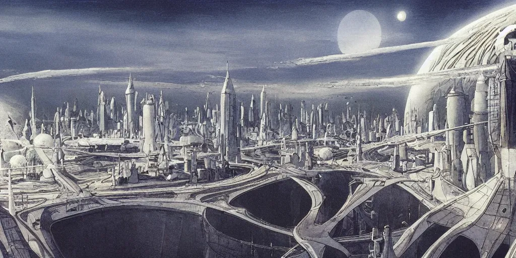 Image similar to a sprawling white fantastical city on the edge of a black hole, painted by francois schuiten and moebius and vilhelm hammershøi