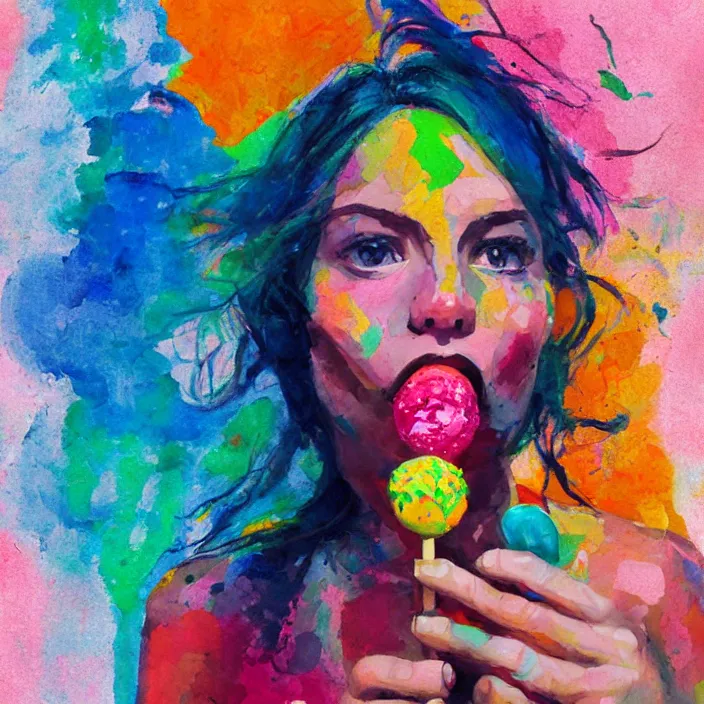 Image similar to portrait of beautiful woman licking a lollipop painted with colorful gouache impasto