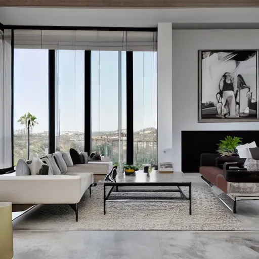 Prompt: a modern villa living room in los angeles, hyper - realistic