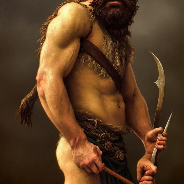 Image similar to renaissance painting full body portrait of a gruff ranger with a spear, lean and toned, handsome face, hairy chest and hairy body, D&D, intricate, elegant, highly detailed, digital painting, artstation, concept art, matte, sharp focus, chiaroscuro, well list, illustration, art by Artgerm and Greg Rutkowski and Alphonse Mucha