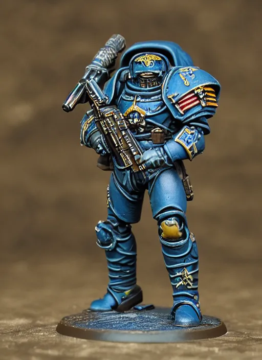 Image similar to 8 0 mm resin detailed miniature of a warhammer 4 0 k space marine with an incredible long sniper barrel, product introduction photos, 4 k, full body,