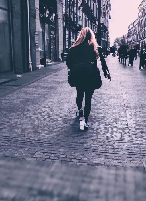 Image similar to beautiful photo of a beautiful woman walking through a city, full body, hyper realistic, 8 k, dslr, 3 mm, highly detailed photograph