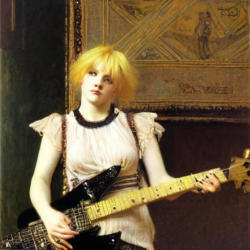 Prompt: Blonde punk girl playing electric guitar, oil painting by Lawrence Alma-Tadema, masterpiece