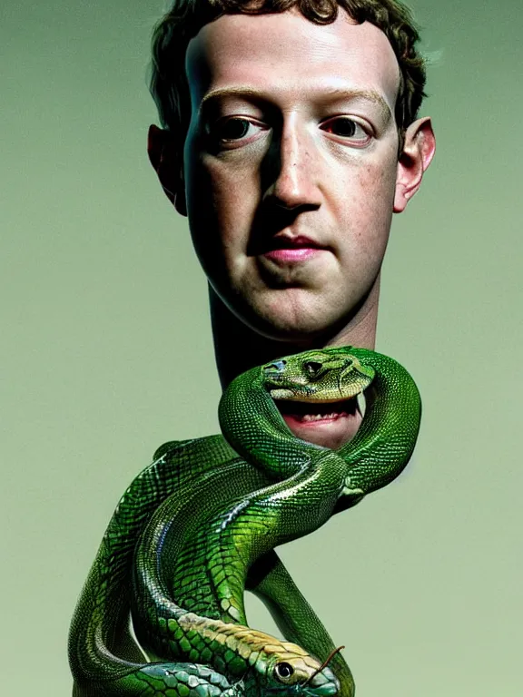 Image similar to portrait of a mark zuckerberg, skin peeling away to reveal green! scales!, forked snake tongue sticking out, art by ryo shiotani and greg rutkowski, intricate, beautiful, cinematic lighting, vintage art by serge ivanoff, high resolution, very detailed