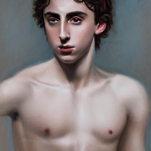 Prompt: a portrait of timothee chalamet as a shirtless muscular knight, oil painting, pale colors, high detail, 8 k, wide angle, trending on artstation,