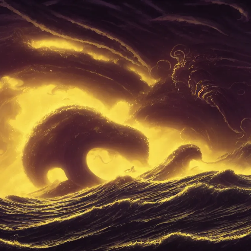 Image similar to treasure planet, kraken monster in a stormy sea with huge waves, huge tentacles, clouds, stars, rings, beautiful lighting, vivid colors, intricate, elegant, smooth, concept art, cinematic, unreal engine, wallpaper, by syd mead, terada katsuya, atey ghailan, svetlin velinov, makoto shinkai art style