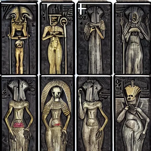 Image similar to very precise tarots in egyptian giger style