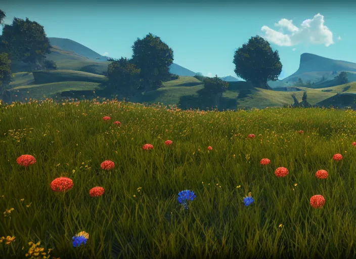 Prompt: fields full of flowers and blue sky with hills in the background. Intricate. Very detailed 8k. Fantasy horror. Sharp. Cinematic post-processing. Unreal engine. Nanite. Ray tracing. Parallax. Tessellation