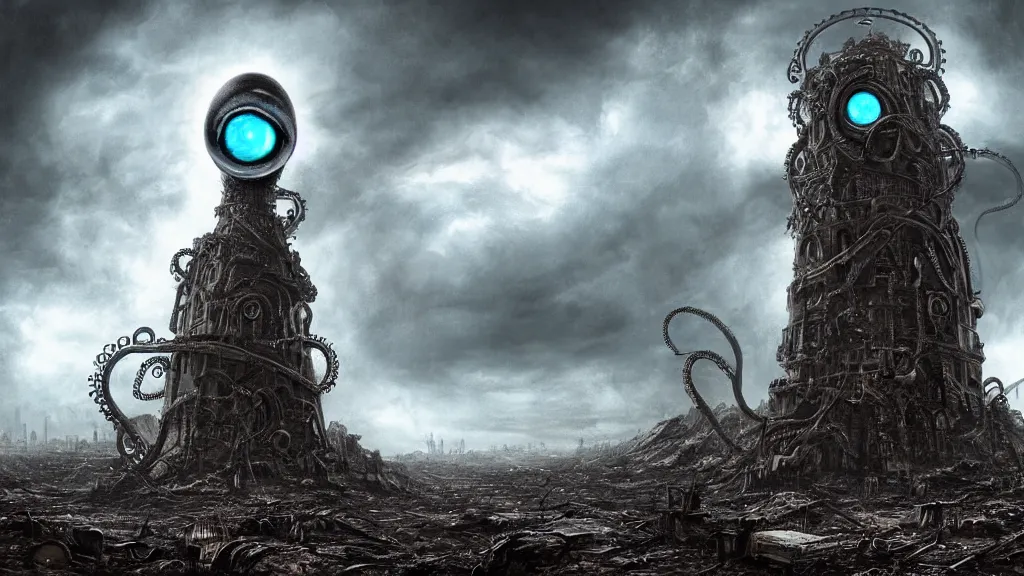 Image similar to A tower with an Eyeball at the top, BioMechanical like Giger, with tentacles coming out, looking over a stormy post-apocalyptic wasteland, dystopian art, wide lens