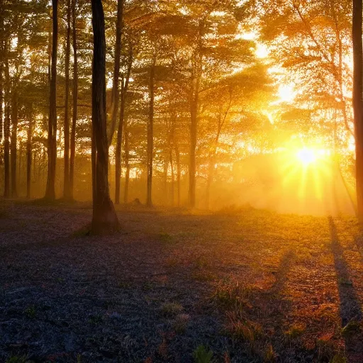 Prompt: morning dawn, the sun rose above the earth, the forest is golden, filled with morning dawn,