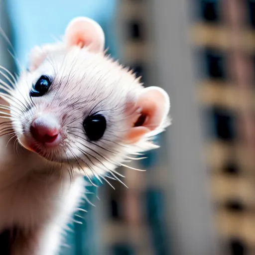 Prompt: a cute small ferret sitting in the middle of a busy street with skyscrapers, low angle camera, cinematic, very detailed, 4 k, depth of field