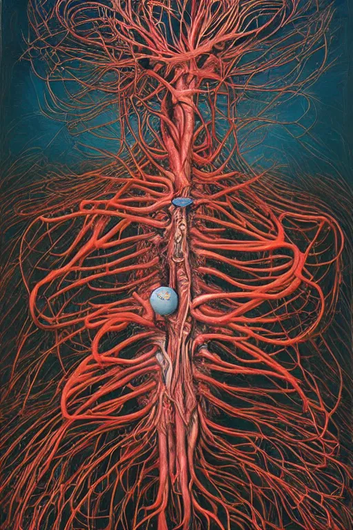 Image similar to a tall, fleshy, anatomical figure, with arteries as roots, hovering in the air, zero gravity, bursting neon stars, hauntingly surreal, highly detailed painting by james jean, part by gerhard richter, intricate detail, extremely detailed, hyper realism, simon stalenhag, beksinski painting,