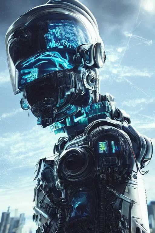 Image similar to ultra realist and ultra intricate detailed soft painting of a cyberpunk sci-fi armored male, from the waist up, porcelain skin, symmetry features, glowing blue eyes, sensual gloomy style, volumetric clouds, cyberpunk window overlooking earth in background, artstation, unreal render, depth of field