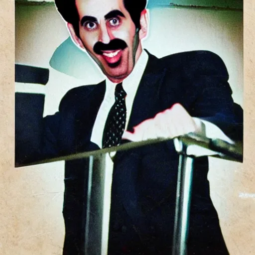 Image similar to borat running for president, vintage photograph, full image, realistic, damaged photograph