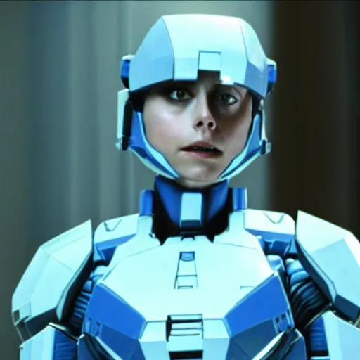 Prompt: film still of !!Willa Holland!! as !!!!!pale blue-skinned!!!!! Cortana, as in Halo 4, in a new Halo movie, 4k