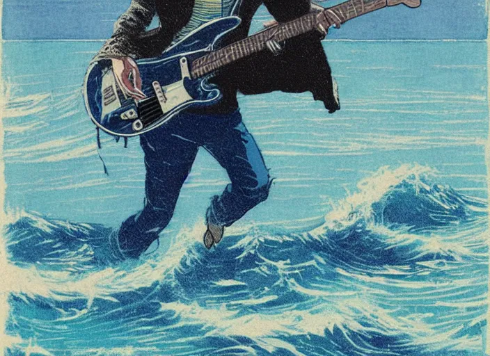 Prompt: blue woodcut print, cartoon 5 0 s hipster playing a fender telecaster on the ocean, walking on water by greg rutkowski, fine details, highly detailed