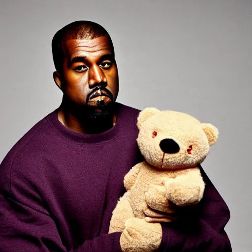 Image similar to Kanye West holding a teddy bear for a 1990s sitcom tv show, Studio Photograph, portrait C 12.0