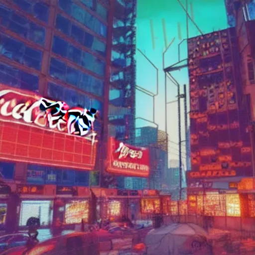 Image similar to a cyberpunk city with crazy illuminated coca - cola and apple signs