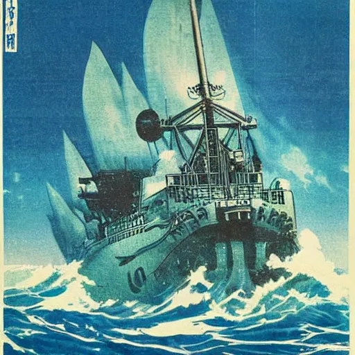 Prompt: cthulhu attack ship in ocean, old japanese poster