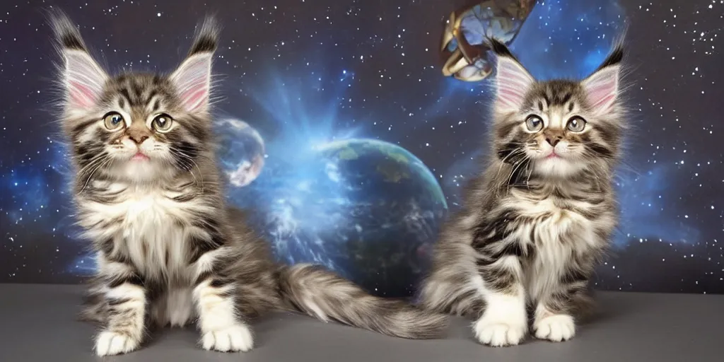 Prompt: a 3 d rendered movie still maine coon kitten descendant 1 million in the future. kitten wears a spacesuit, and explores cosmos in a space ship with a cat tree. science fiction blockbuster movie kittens rule the world or what's on tv? kittens!, dramatic lighting, imax 7 0 mm. buzz lightyear
