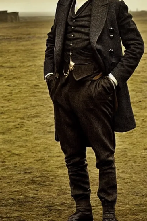 Prompt: Full-body portrait of Cillian Murphy in Peaky Blinders standing, arms crossed on chest, dramatic, gloomy, dark, bleak, cheerless, desolate, impressive, tragic, cinematic, dull colors