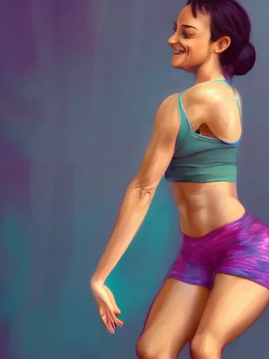 Prompt: a beautiful happy woman doing yoga at the gym. smiling popular girl. intricate, elegant, highly detailed, digital painting, artstation, cinematic shot, concept art, sharp focus, illustration, by justin gerard and artgerm, 8 k