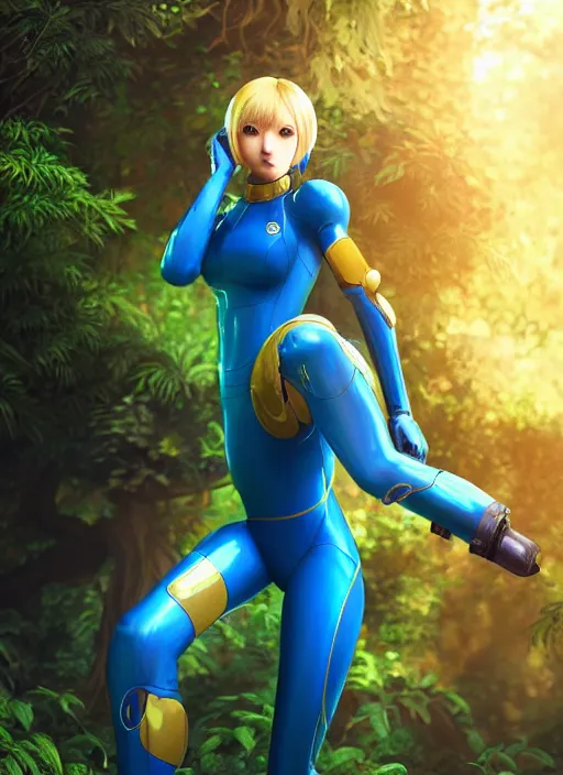 Image similar to Beautiful art portrait of zero suit samus in a bright temple surrounded by lush forest, atmospheric lighting, intricate detail, cgsociety, hyperrealistic, octane render, RPG portrait, ambient light, dynamic lighting
