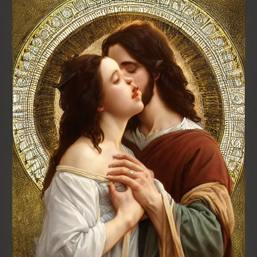 Image similar to jesus kissing a maria maddalena, intricate, elegant, highly detailed, digital painting, artstation, concept art, matte, sharp focus, illustration, art by artgerm and greg rutkowski and alphonse mucha