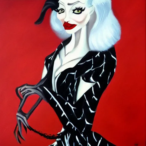 Prompt: a beautiful oil painting of cruella deville