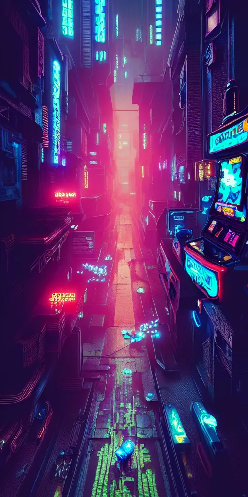 Image similar to epic cyberpunk arcade city : : blade runner, james guilleard, beeple, laurie greasley, dan mcpharlin : : ornate, dynamic, particulate, rich colors, intricate, elegant, highly detailed, centered, artstation, smooth, sharp focus, octane render, 3 d