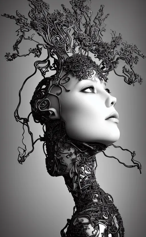 Image similar to black and white complex 3d render of 1 beautiful profile woman porcelain face, vegetal dragon cyborg, 150 mm, sinuous silver metallic ghost orchid and magnolia stems, roots, leaves, fine foliage lace, maze-like, black metalic carbon armour with silver details fractal, anatomical, surrounded by smoke, facial muscles, cable wires, microchip, elegant, highly detailed, rim light, octane render, H.R. Giger style, David Uzochukwu