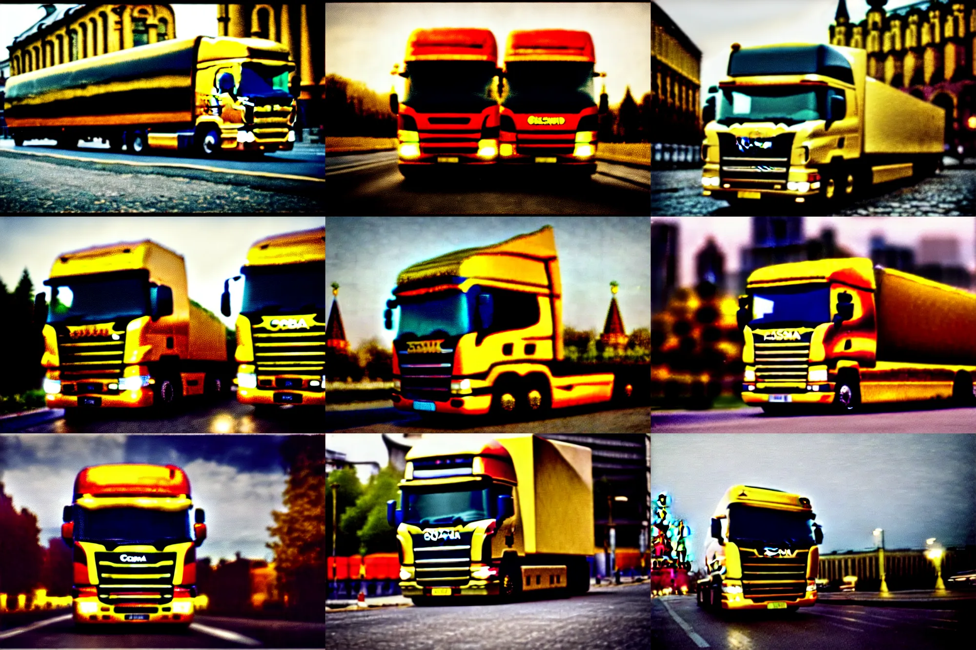 Image similar to gold Scania in Moscow, Cinematic, filmic, 35mm,