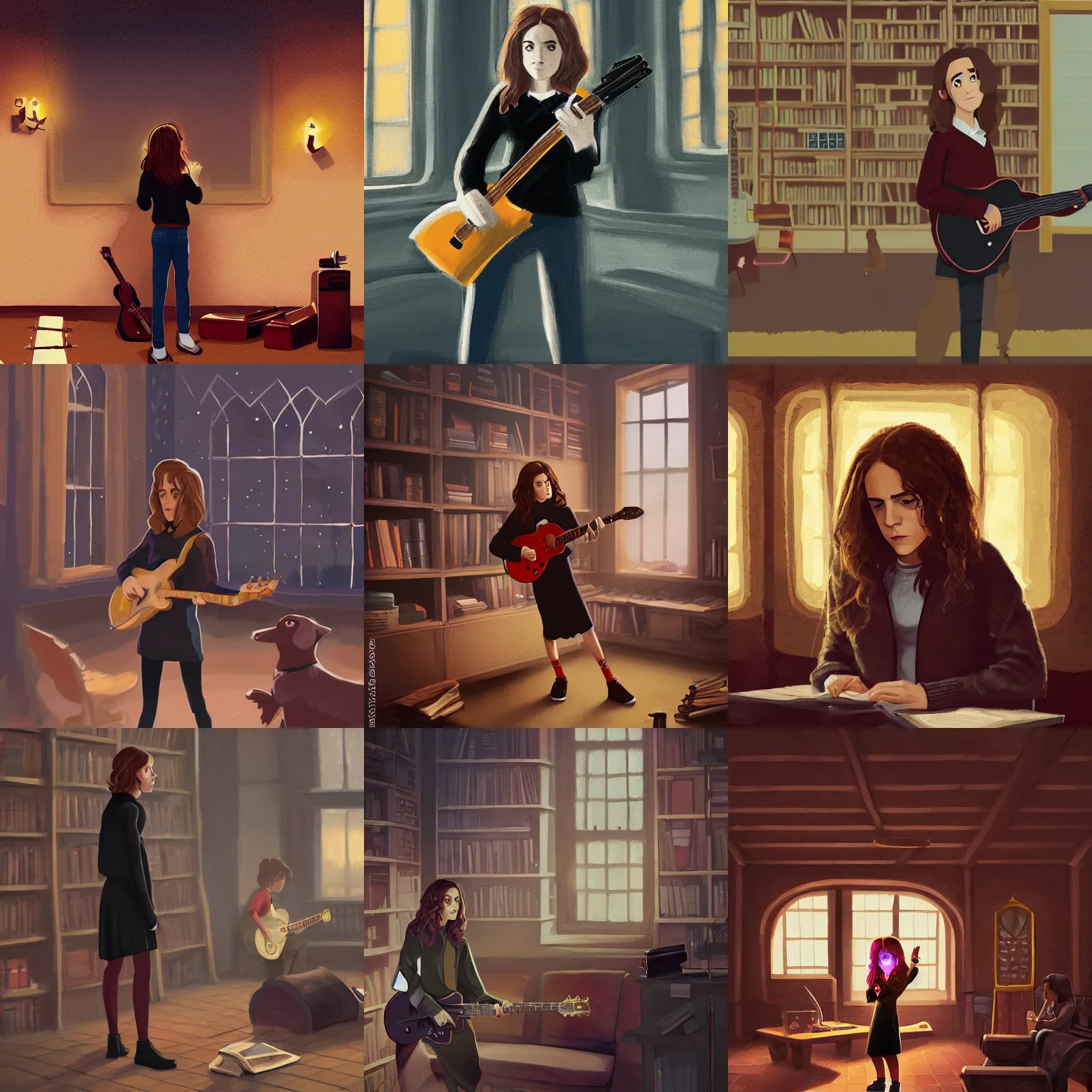 Prompt: Hermione Granger/Emma Watson wearing a black sweater, playing a guitar, in the Gryffindor common room, sci-fi digital painting by Simon Stålenhag