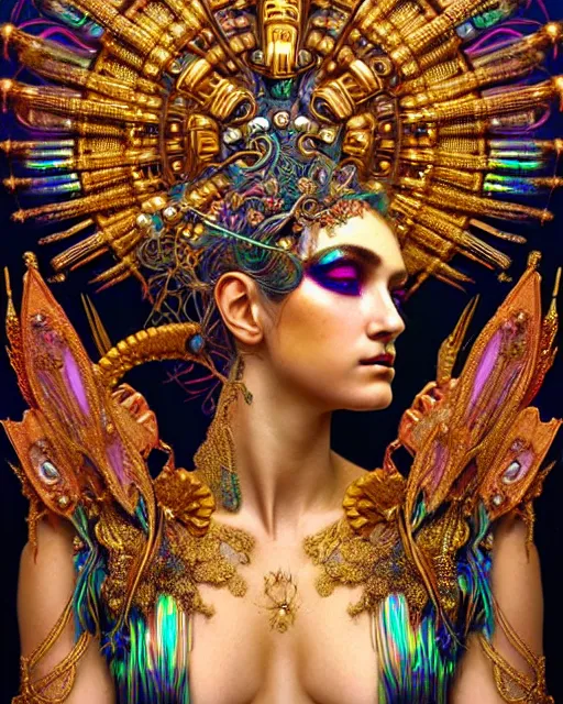 Image similar to hyperrealistic detailed portrait of a beautiful goddess in an iridescent - gold ornamental ritual headdress, intricate cyberpunk make - up, golden face tattoos, insane details, art by ernst haeckel, android jones, john william godward, gothic - cyberpunk, beautiful deep colours,