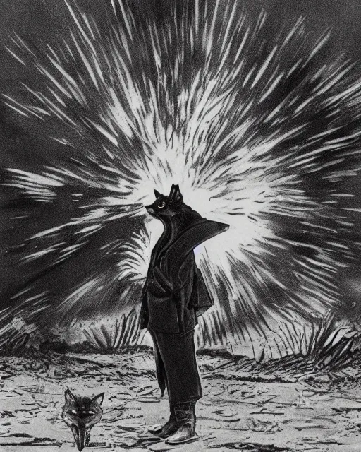 Image similar to a fox in a black trench - coat, smoking a cigarette in front of a huge explosion in the middle of a war, style of anime