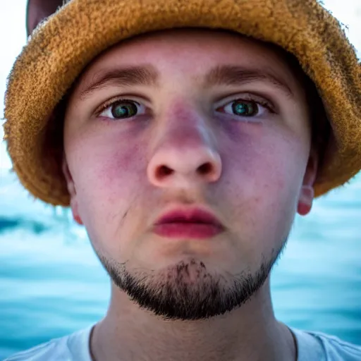 Image similar to extreme closeup selfie of a ugly boy, nostrils visible from below