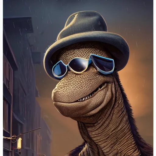 Prompt: portrait of a sneaky dinosaur wearing a long coat a hat and sunglasses in a smoky new york back street, digital painting, natural light, vibrant, intricate, textured skin, highly detailed, artstation, sharp, focus, illustration, anna dittmann, ilya kuvshinov, nikolay makovsky