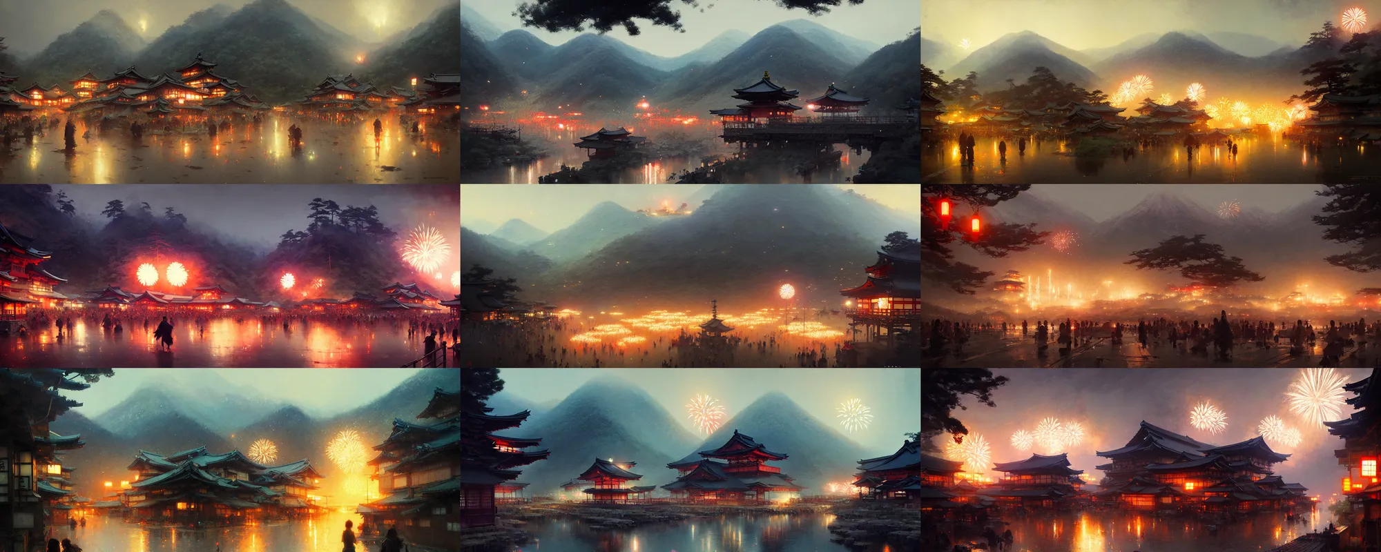 Image similar to japanese mountain countryside small town, landscape, summer festival night, fireworks, illustration, highly detailed, digital painting, concept art, matte, art by ruan jia and wlop and greg rutkowski and makoto shinkai, masterpiece