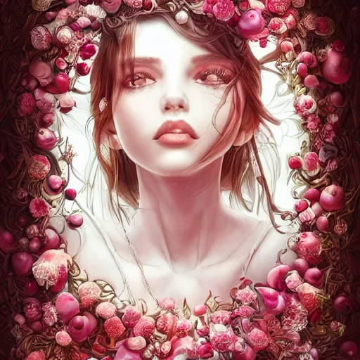 Image similar to the portrait of an absurdly beautiful, graceful, elegant, sophisticated, fashionable young woman made of strawberries and white petals looking down, an ultrafine hyperdetailed illustration by kim jung gi, irakli nadar, intricate linework, bright colors, octopath traveler, final fantasy, unreal engine 5 highly rendered, global illumination, radiant light, detailed and intricate environment