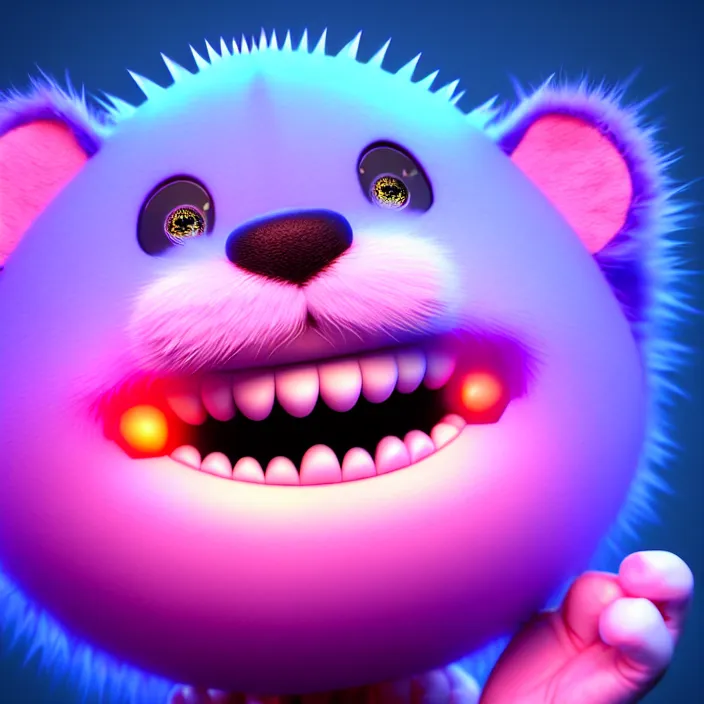 Image similar to high quality 3 d render hyperrealistic very cute big spherical smile emoticon, whiskers, plush mascot, short spiky colorful dense fluffy smooth fur 1 cm long, psychedelic lighting, 1 5 0 mm, smooth background, artstation, elegant, ultra detailed, octane render